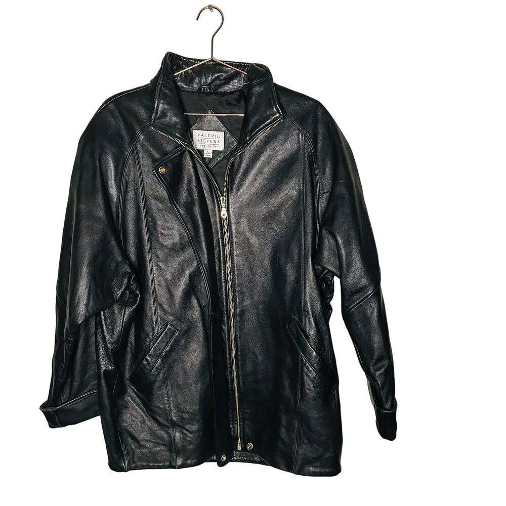 Vintage Valerie Stevens Black 100% Lamb Leather Gold Button Jacket Size Large